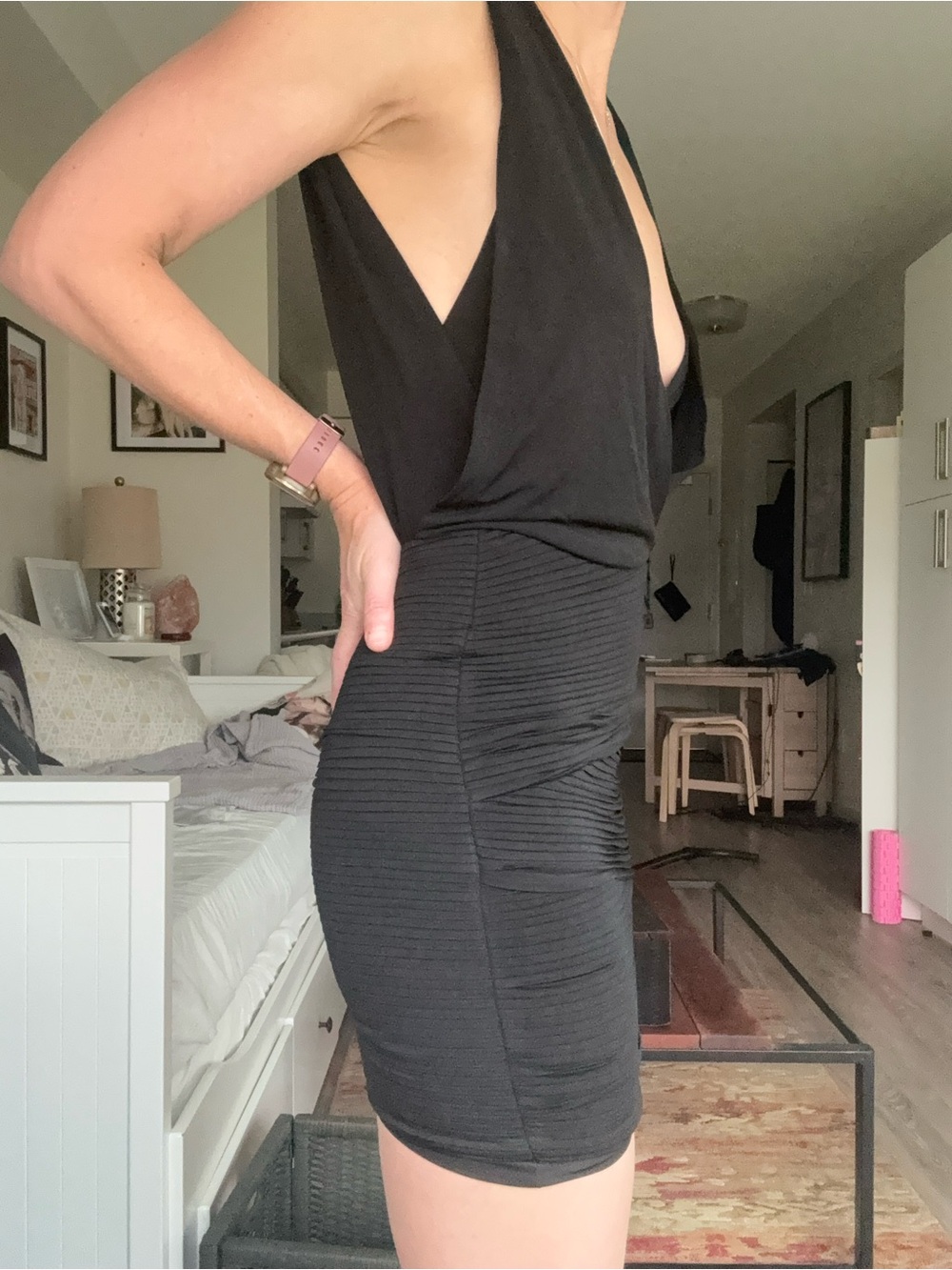 BCBGMaxAzria Black Plunging V-Neck Ruched Mini Dress - Picture 2 of 11